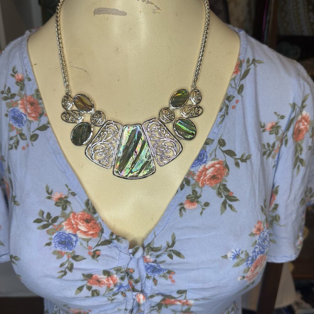 Vintage Boho Abalone Shell Statement Necklace Silvertone Mosaic Bib Scrollwork
